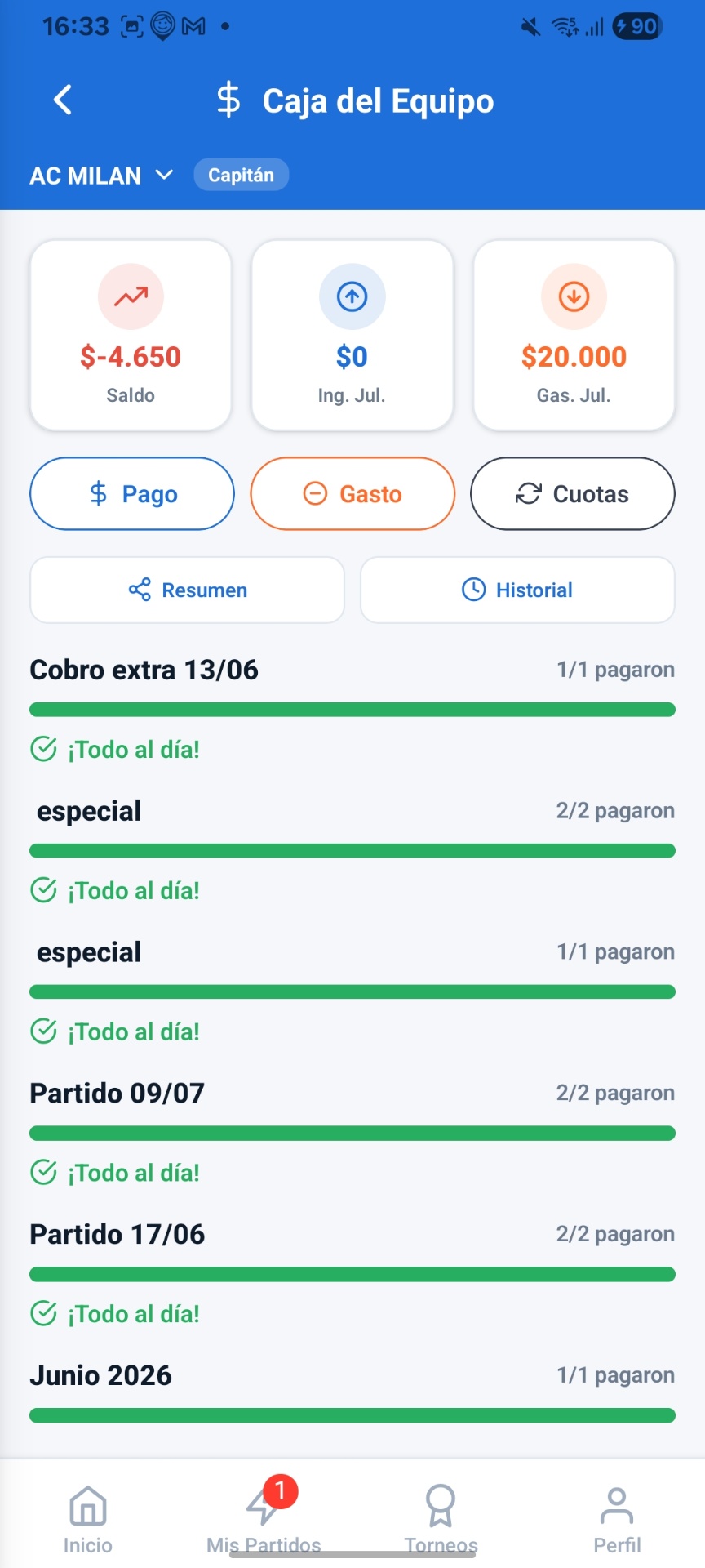 Pantalla real de Caja del Equipo en RYVO