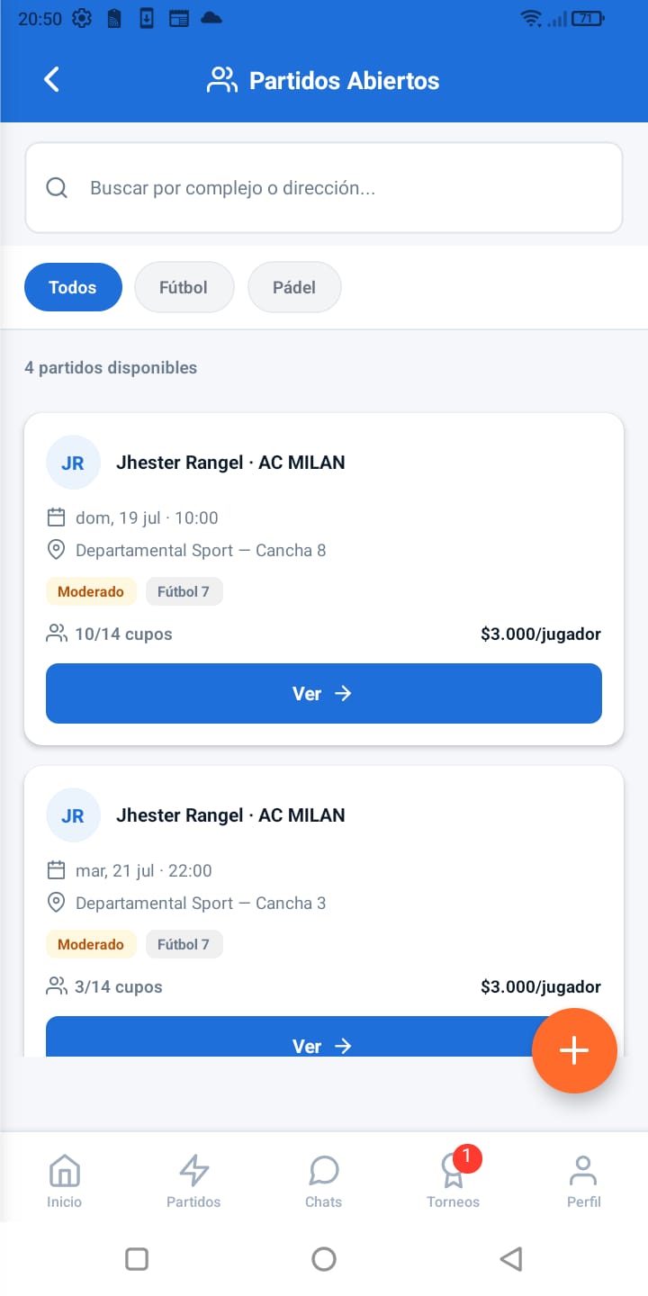 Pantalla real de Partidos Abiertos en RYVO
