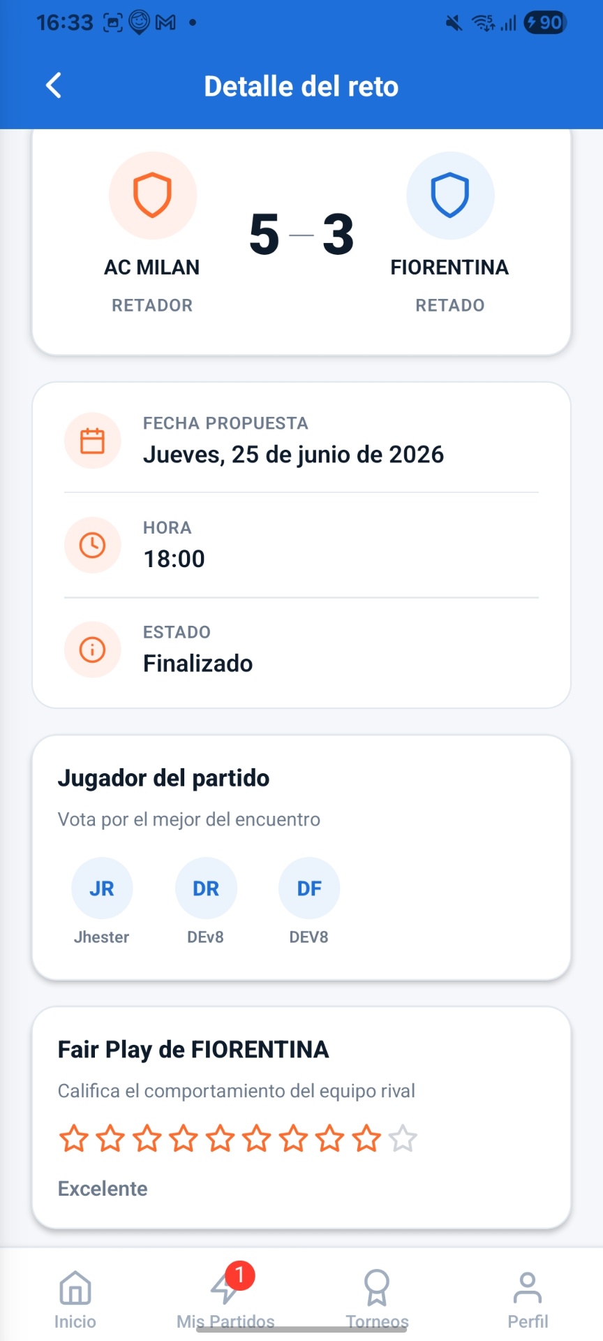 Detalle de un partido con resultado en RYVO