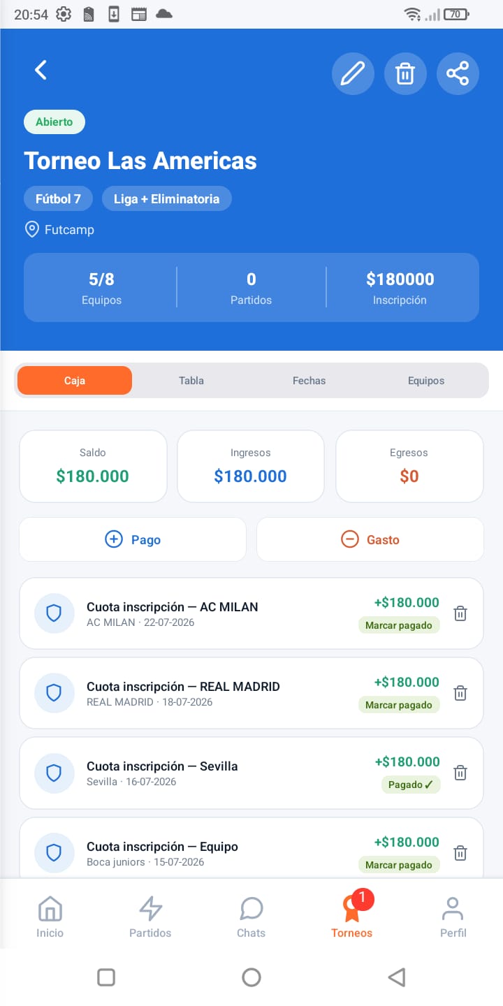 Caja de un torneo en RYVO con historial de cuotas