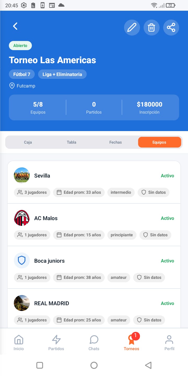 Equipos inscritos en un torneo de RYVO