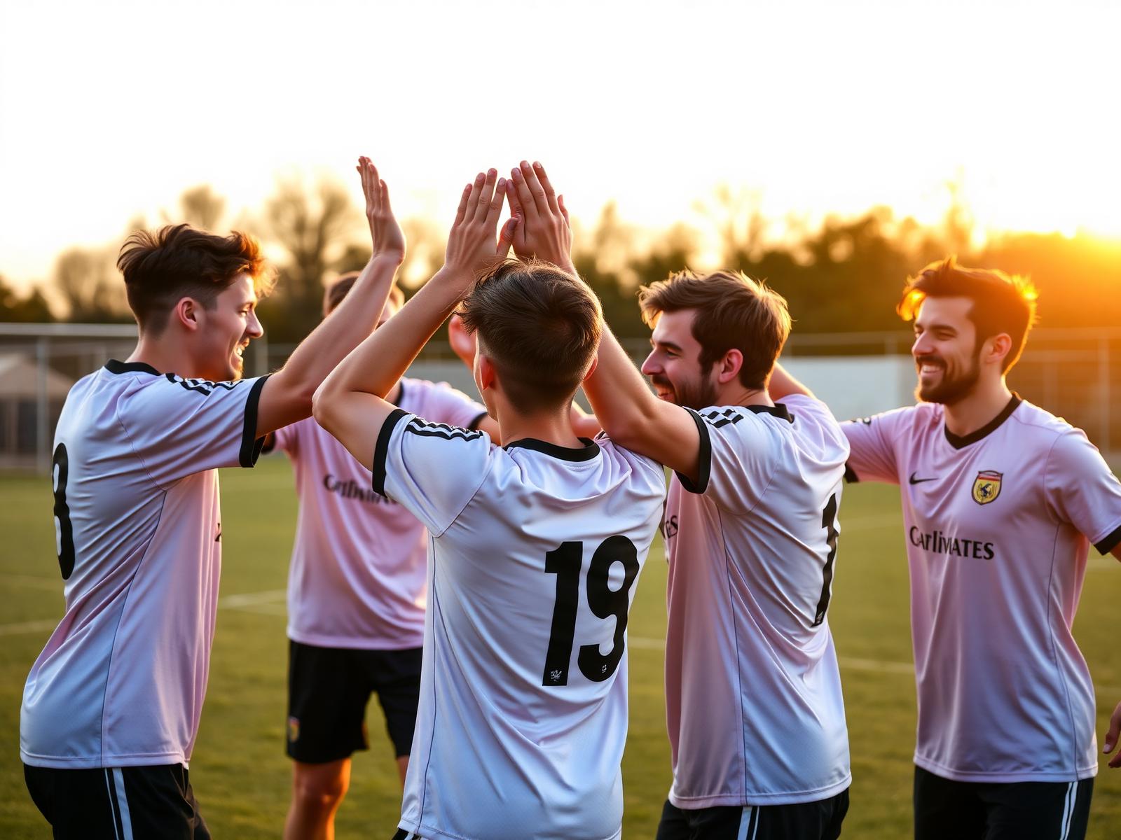 Equipo amateur celebrando un gol al atardecer